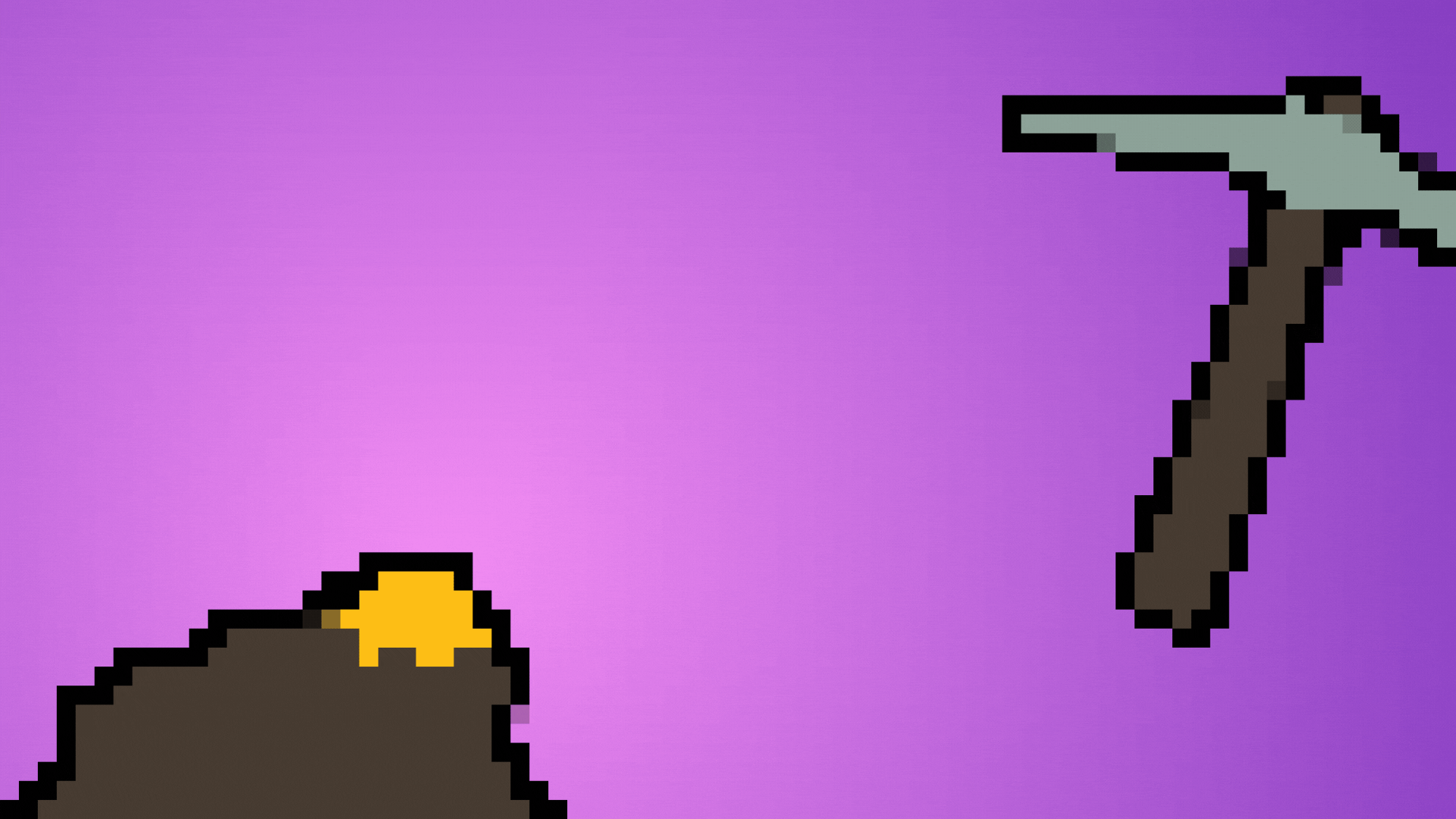 An illustration of a pixelated pickaxe hitting a pixelated rock containing gold.